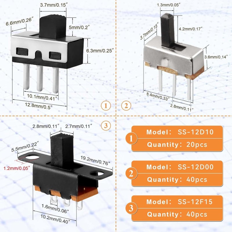 Juasky 100pcs Micro Slide Switch 2 Position 3 Pin,High Knob Mini Vertical Slide Switches SPDT 1p2t SS-12D10 SS-12F15 SS-12D00 for PCB Breadboard Electronic - Image 2